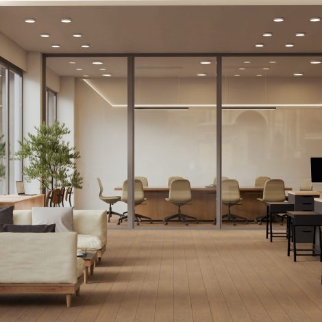 3D rendered modern office with rows of workstations, chairs, and glass partition meeting rooms 3D rendered modern office with rows of workstations, chairs, and glass partition meeting rooms.